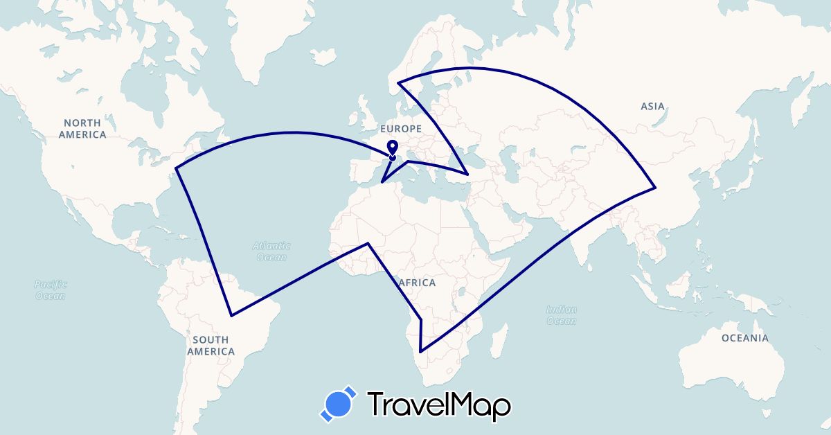 TravelMap itinerary: driving in Angola, Brazil, China, Algeria, France, Italy, Mali, Namibia, Norway, Turkey, United States (Africa, Asia, Europe, North America, South America)